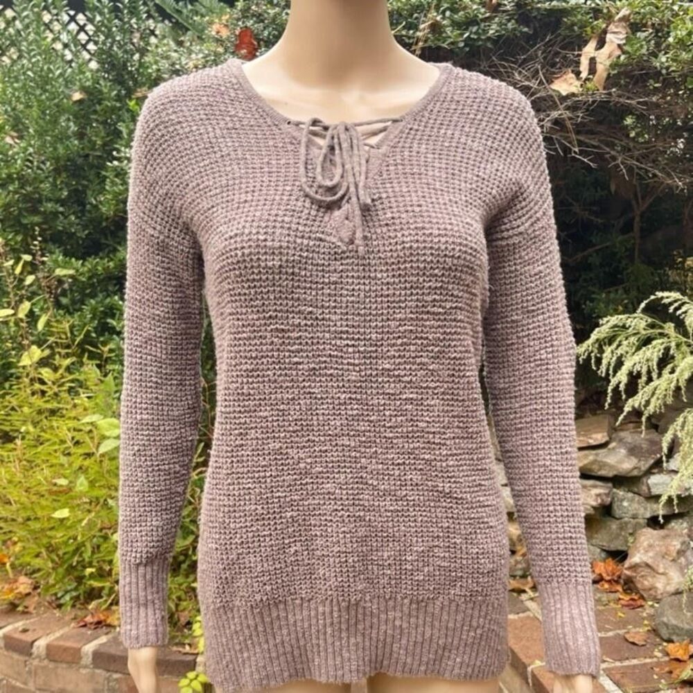American Eagle Outfitters Sweater Womens Small Taupe Lace Up V Neck Waffle‎ Knit